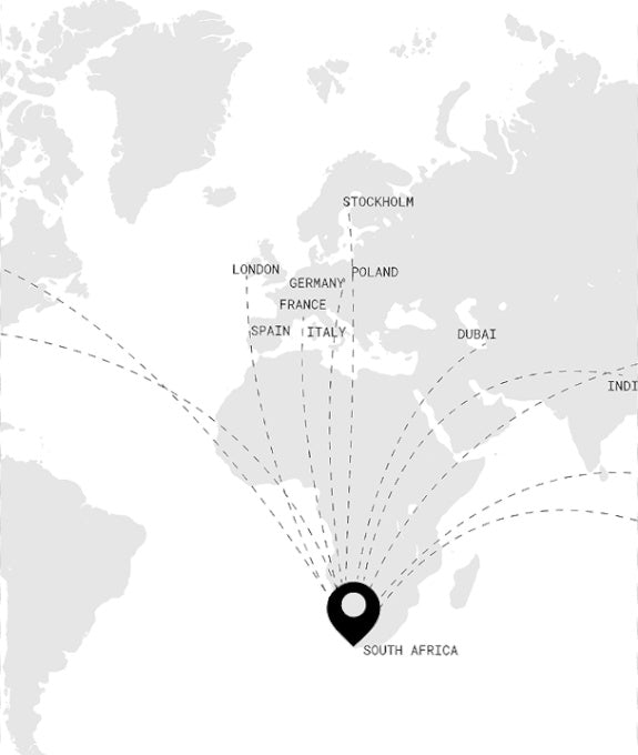 Shipping and logistics visual from The Lab About page showing worldwide delivery networks bringing premium care products to every door