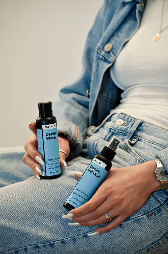 Horizontal display of The Lab denim care range for the collection page, walking visitors through wash, refresh, and wipe options